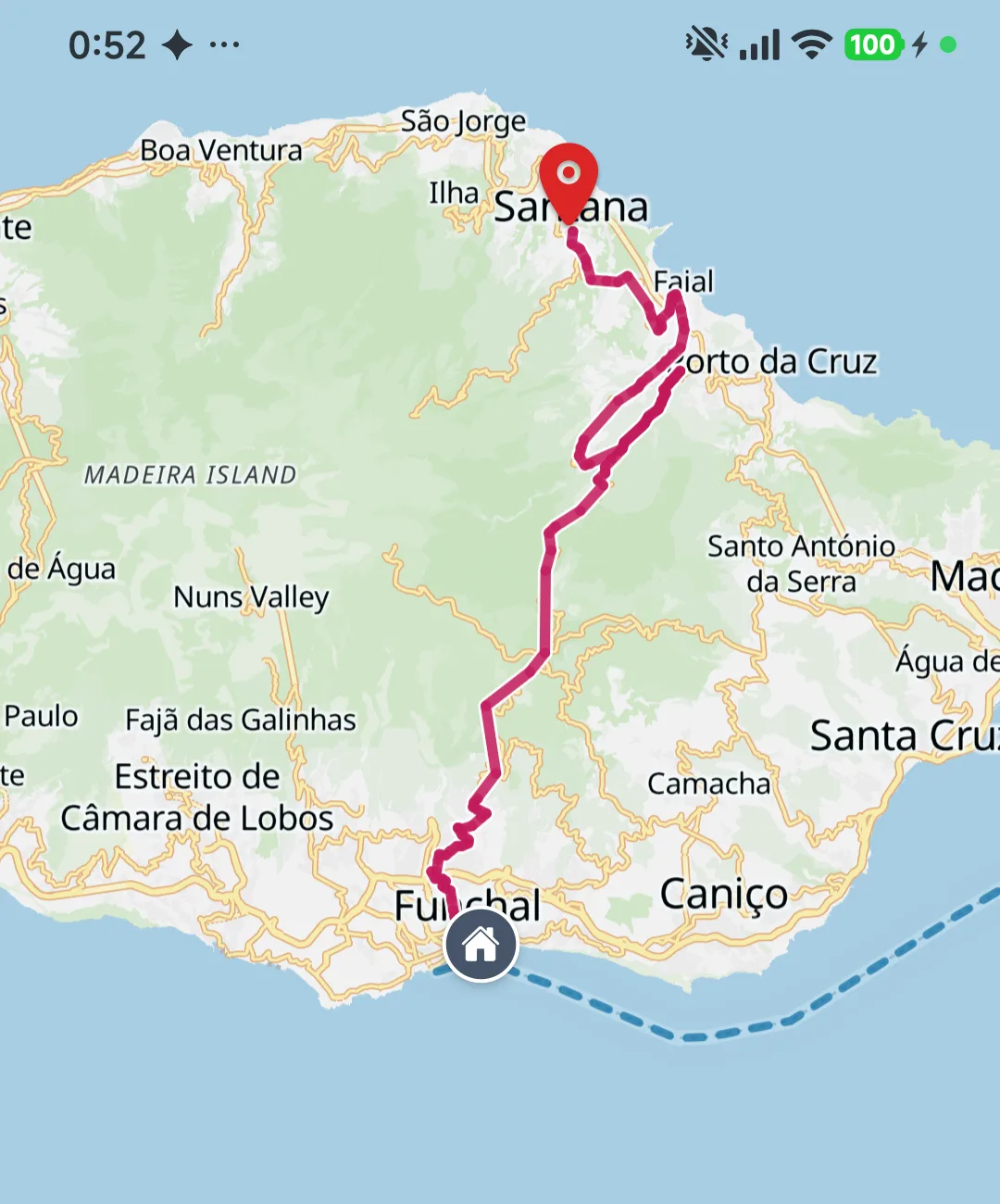 Screenshot of the Madeira Bus app showing a map of Madeira with the bus route from Funchal to Santana drawn across the island.