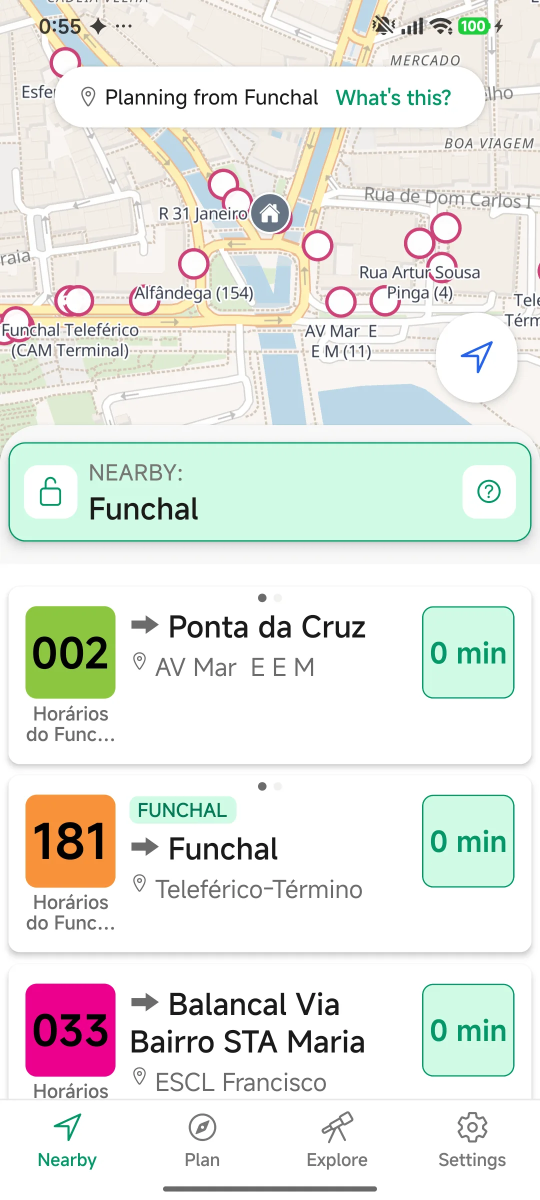 Screenshot of the Madeira Bus app showing bus stops on a street map of central Funchal, with the next departures listed below.