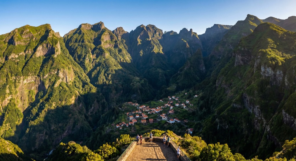 Curral das Freiras village in its volcanic crater, seen from Eira do Serrado, Madeira