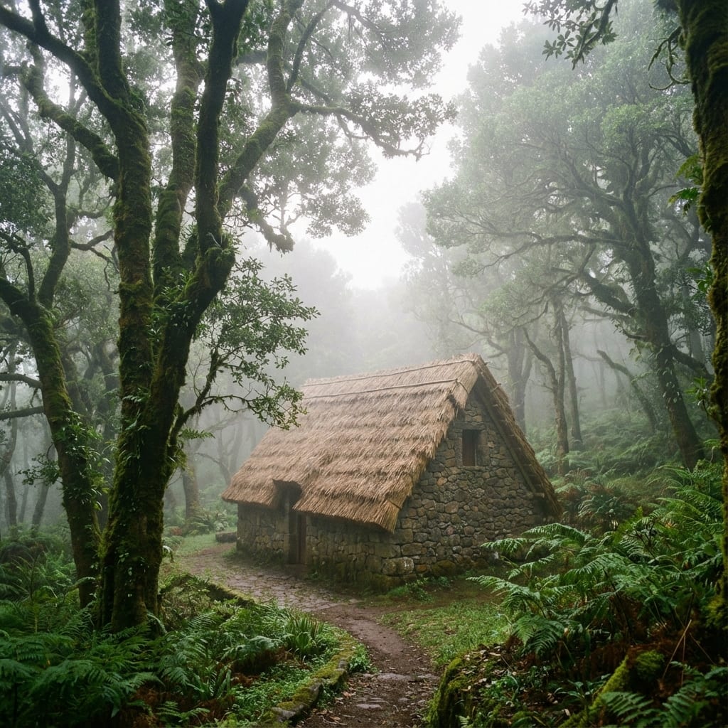Caldeirão Verde levada trail and thatched houses at Queimadas, Madeira