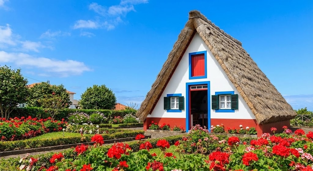 Traditional triangular thatched houses (Casas Típicas) at Santana, Madeira
